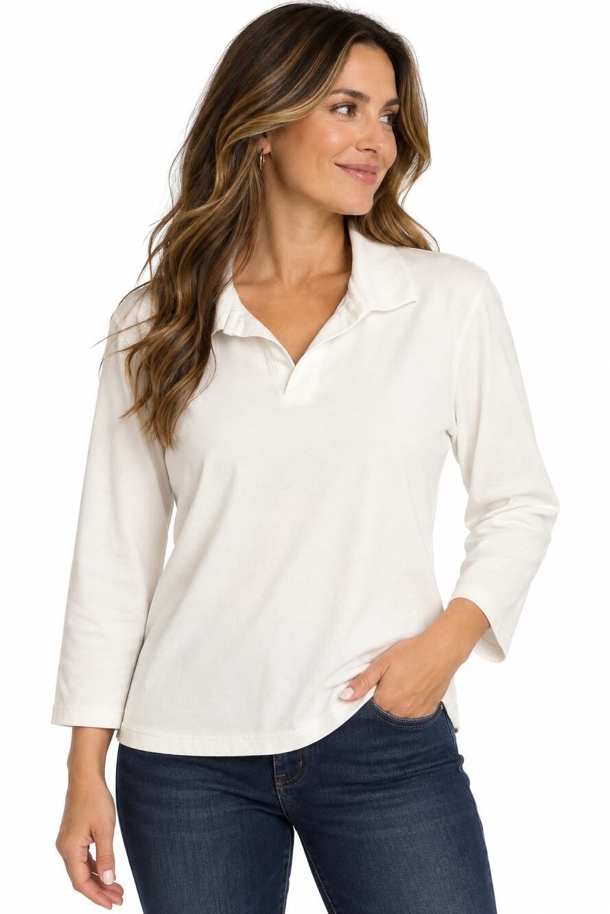 LR454 Mountain Lake Womens Large Ivory Long Sleeve Polo Collared Shirt